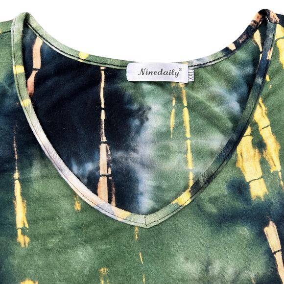 Ninedaily Top Women Sz XXL Green Yellow Rayon Stretch Asymetric Boho Artsy Tunic - Picture 8 of 11